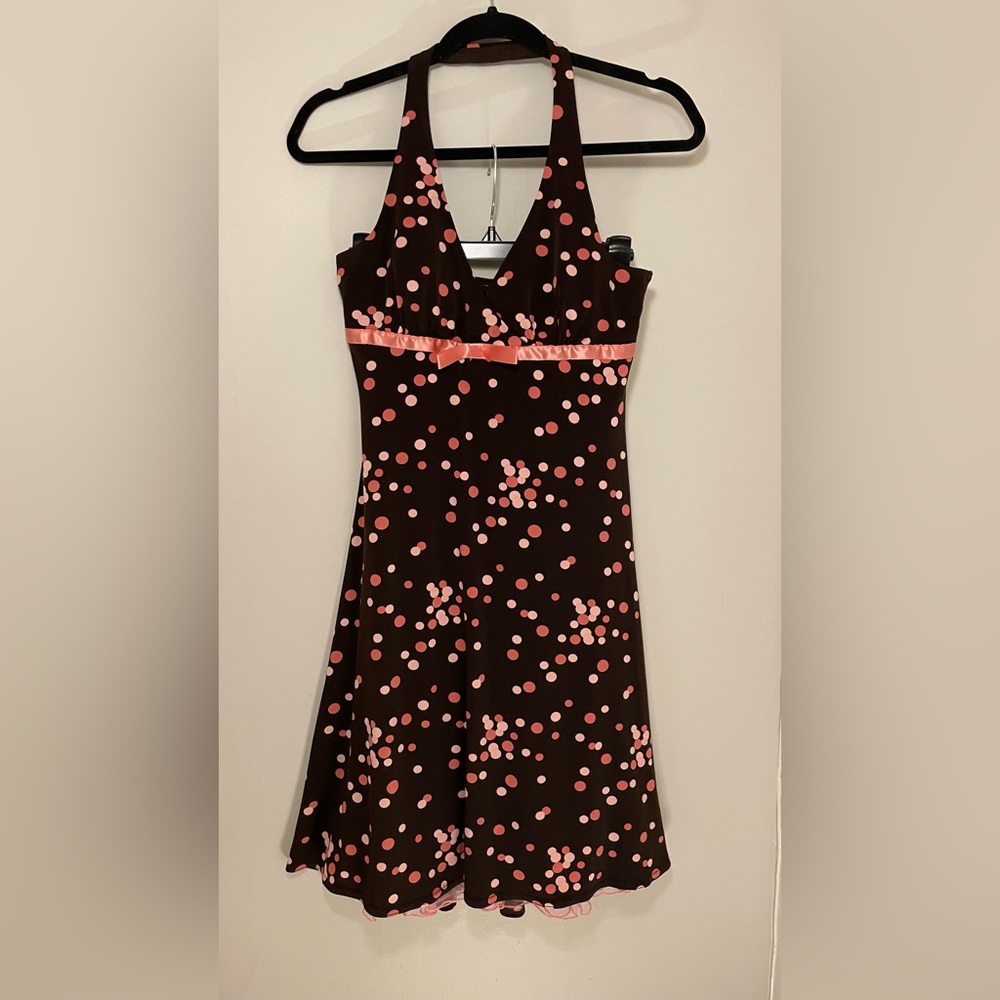 Brown dress with light and dark pink polka dots. Size M.